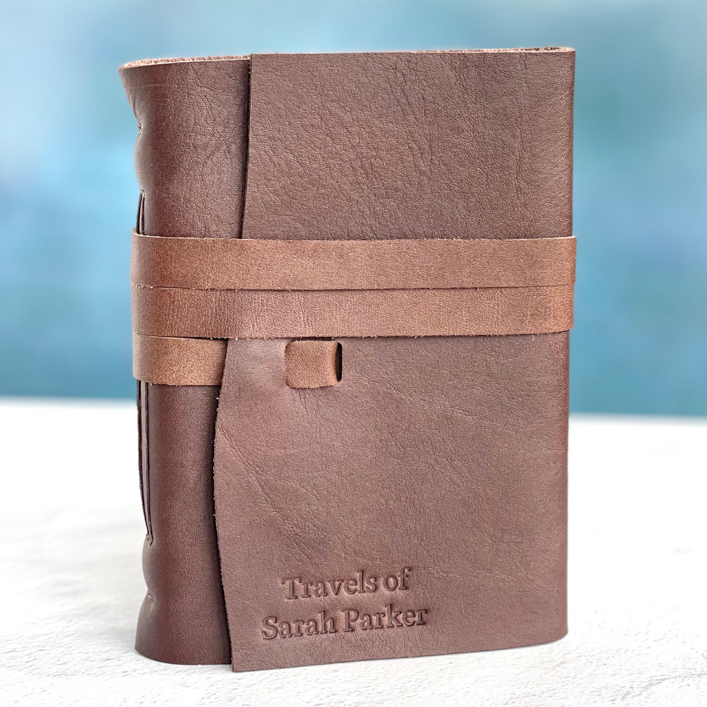 Personalized Dark Brown Leather journal with wrap, custom travel journal to use for adventures, vacations & travels