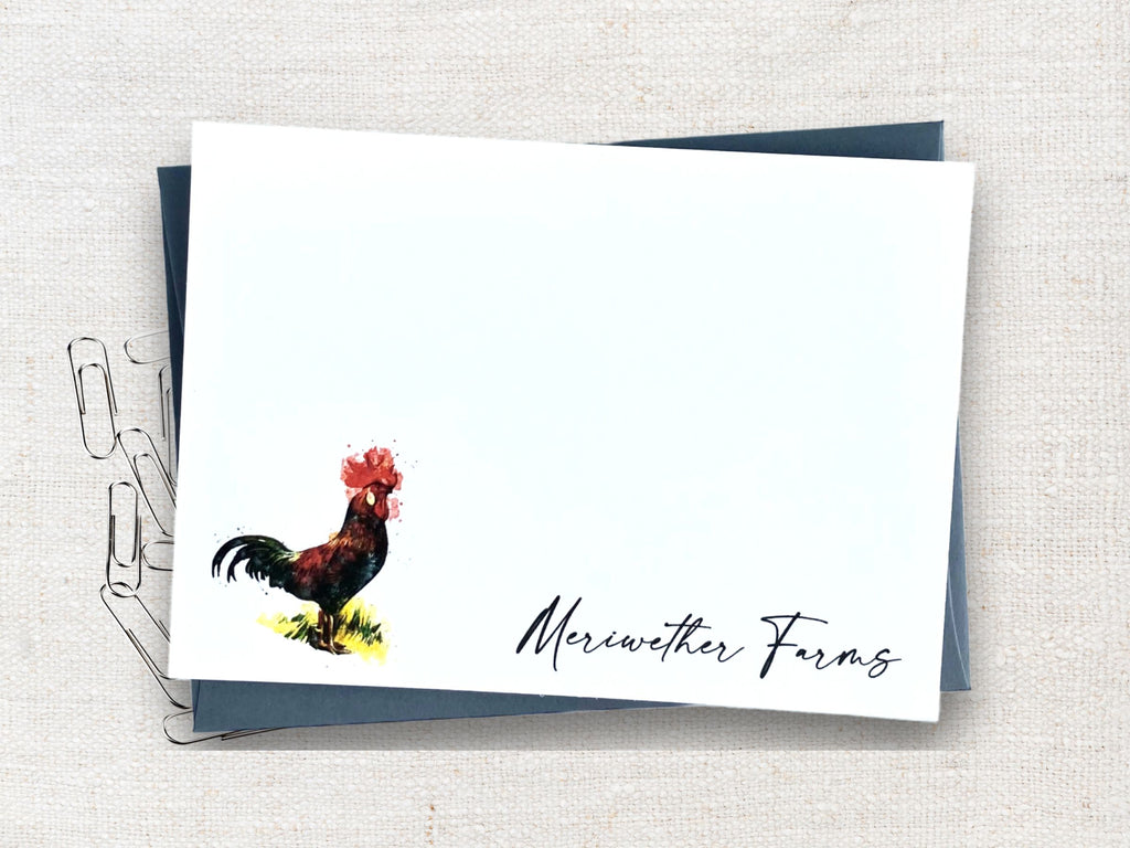 flat notecard with rooster design and a rooster printed on it